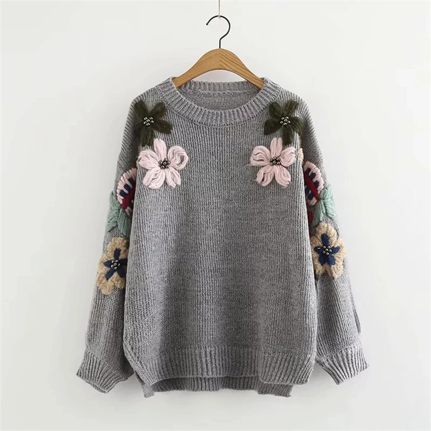 Женский свитер с круглым вырезом Pull Hiver Femme модный теплый пуловер цветочным