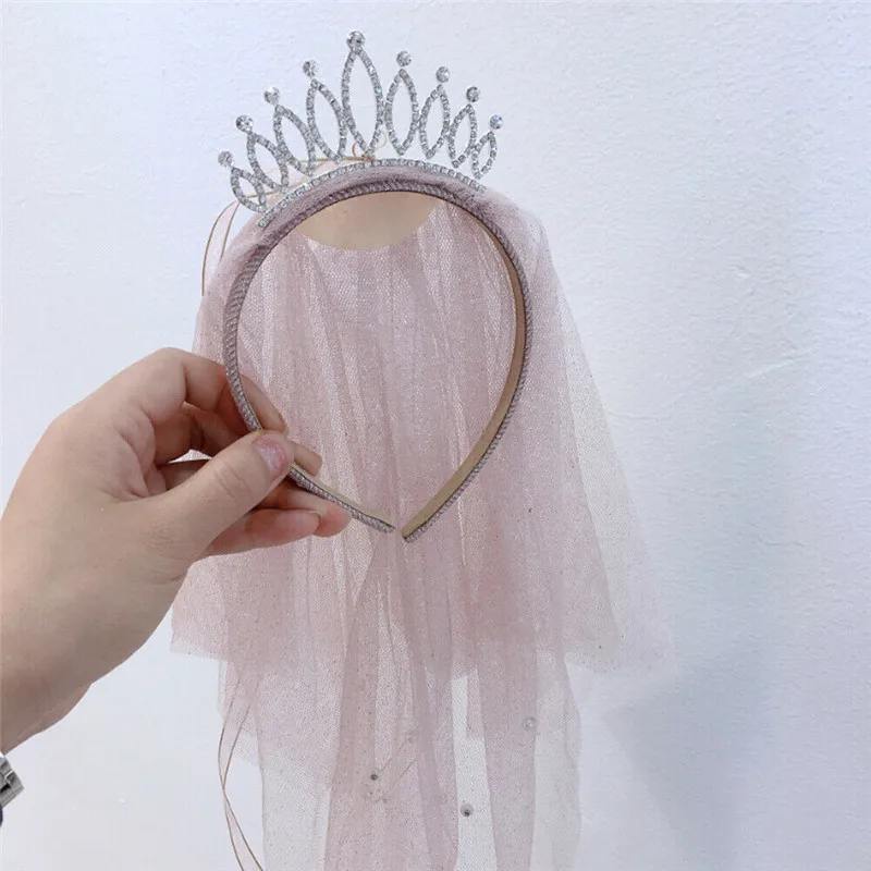Розовый Fashion 1PC Cute Princess Veil Children Headbands Baby Girl Rhinestone Crown Garland Party Wedding Hairband Headwear Accessories - Цвет: Розовый