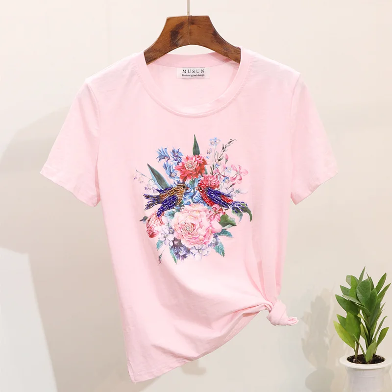 Весна лето женские футболки 2019 Новая мода тяжелый жемчуг пайетки цветок и птица