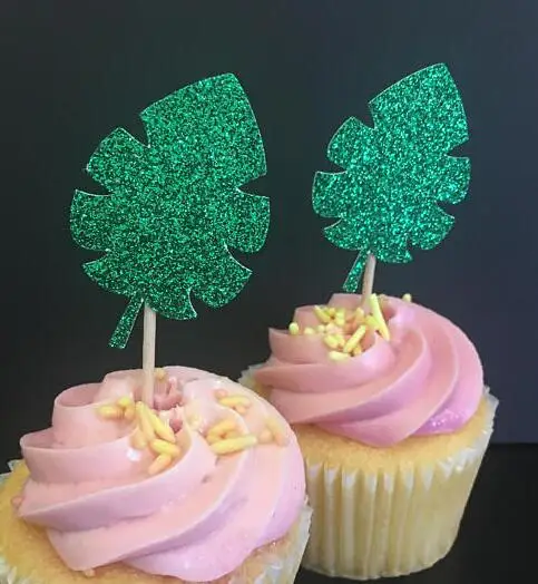 

glitter green Hawaiian Leaf wedding cupcake toppers birthday party cake decoration bridal shower doughnut food picks