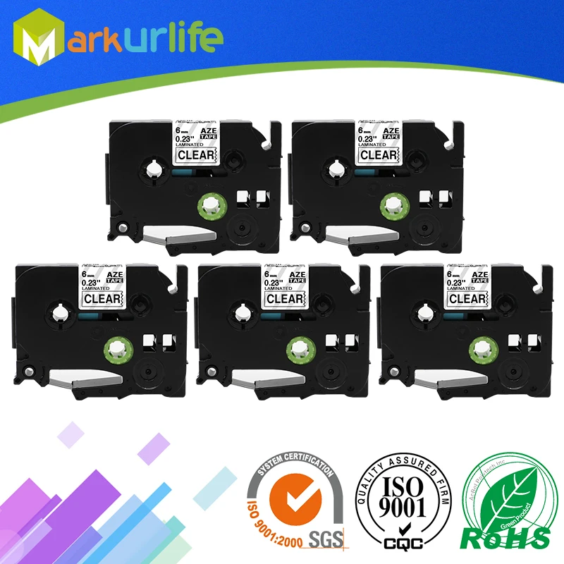 Markurlife 5 шт. 6 мм x 8 м черный на прозрачной ленте TZe111 TZe 111 TZ111 100% совместимый brother P touch