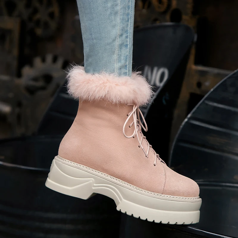 

WETKISS Flat Sole Women Ankle Boots Round Toe Cross Tied Footwear Cow Suede Female Boot Casual Platform Snow Shoes Woman Winter