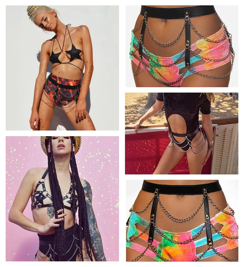 FestivalQueen sexy black crop tank top metal chain mini skirts sets women hollow out bandage backless nightclub 2 piece set