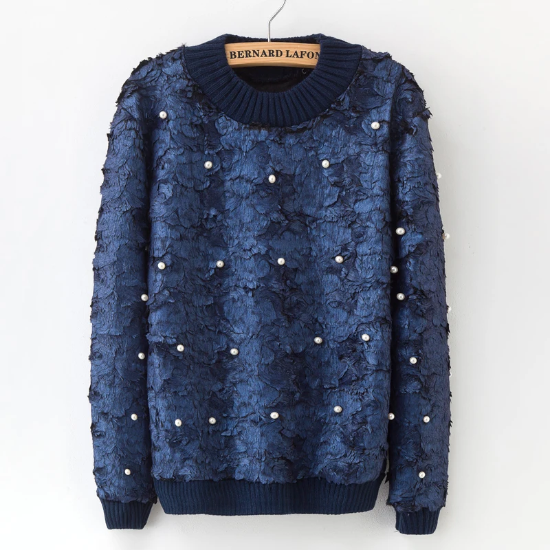 New Korean Women's Pullover Sweaters Plush Winter Long Sleeve Beaded Printed Sweater High Neck Fashion Tops High-Street Women | Женская
