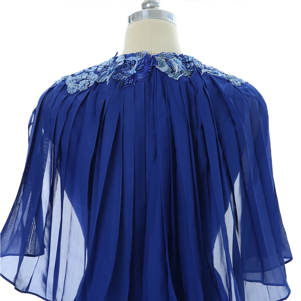 

Royal Blue Prom Dresses A-line V-neck Cap Sleeves Chiffon Lace Beaded Women Long Prom Gown Evening Dresses Robe De Soiree