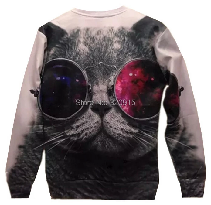 New Fashion 2014 Women/Men Red and blue glasses cat Pullovers Funny 3d sweatshirts animal galaxy sweaters Hoodies top | Женская одежда