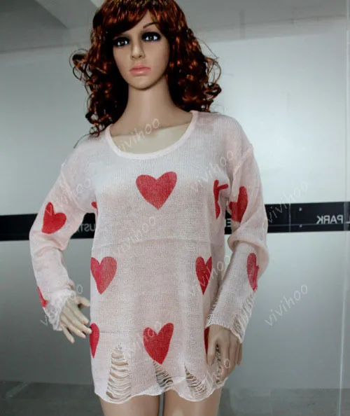 Хит продаж женский свитер блузка любовь персик сердце отверстие на шее полный