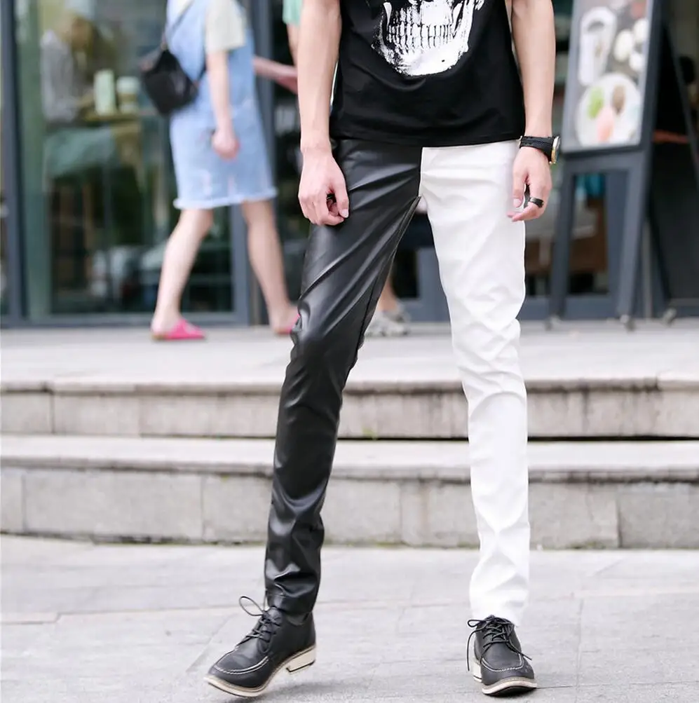 Мужские кожаные брюки для ночного клуба черные белые смешанные цвета | Мужская