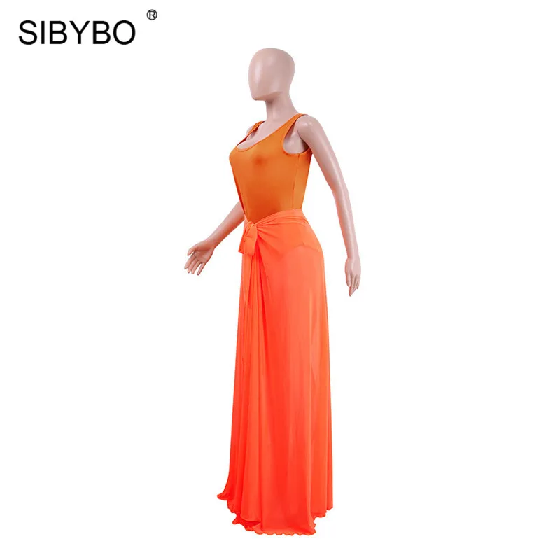Sibybo Mesh Transparent Sexy Two Piece Set Bodysuit Women Sleeveless Backless Summer Romper Women Beach Casual Women Jumpsuit