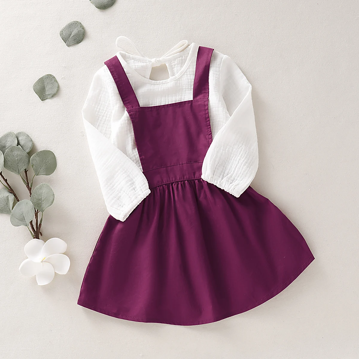2PCS Set Cute Newborn Baby Girl Long Sleeve Cotton white Bodysuit Tops Shirt Fuchsia Suspender Dress Outfits Summer Clothes | Детская