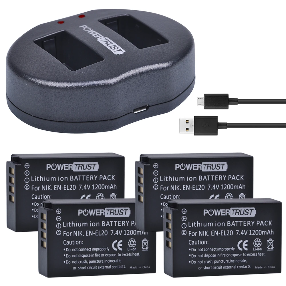 PowerTrust 4 шт. 1200 мА · ч фотосессия аккумулятор EL20 + зарядное устройство с двумя USB