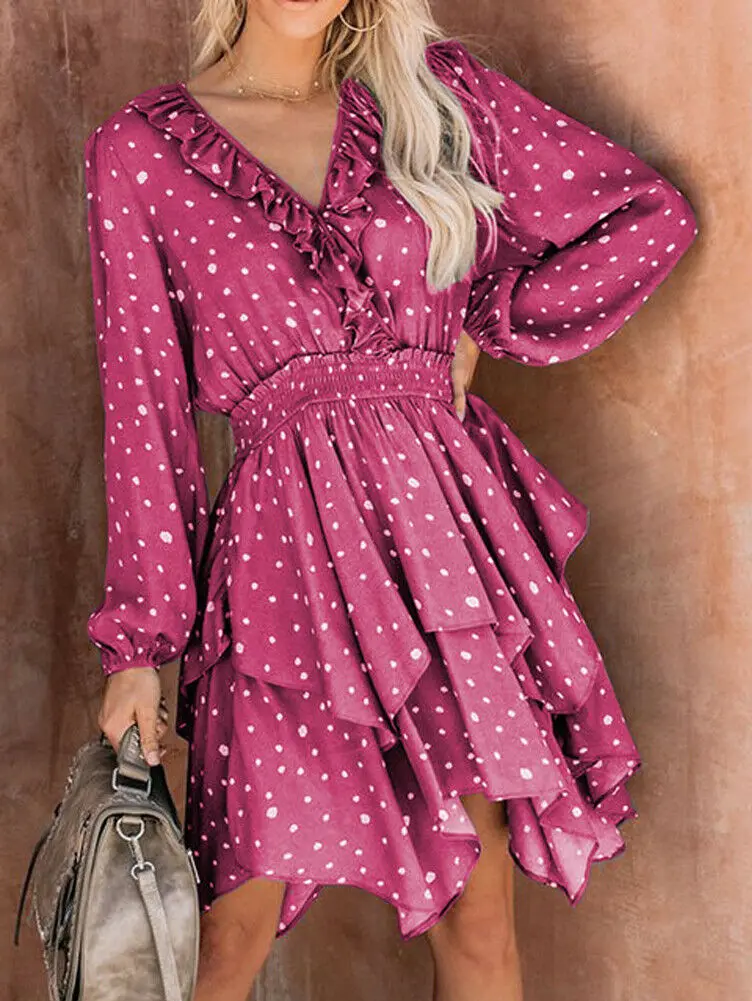 Женское богемное платье в горошек повседневный пляжный сарафан с оборками ассиметричные платья