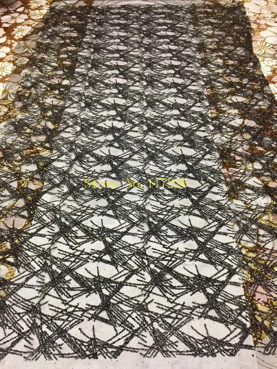 Специальная фатиновая кружевная ткань с приклеенным блеском черная африканская