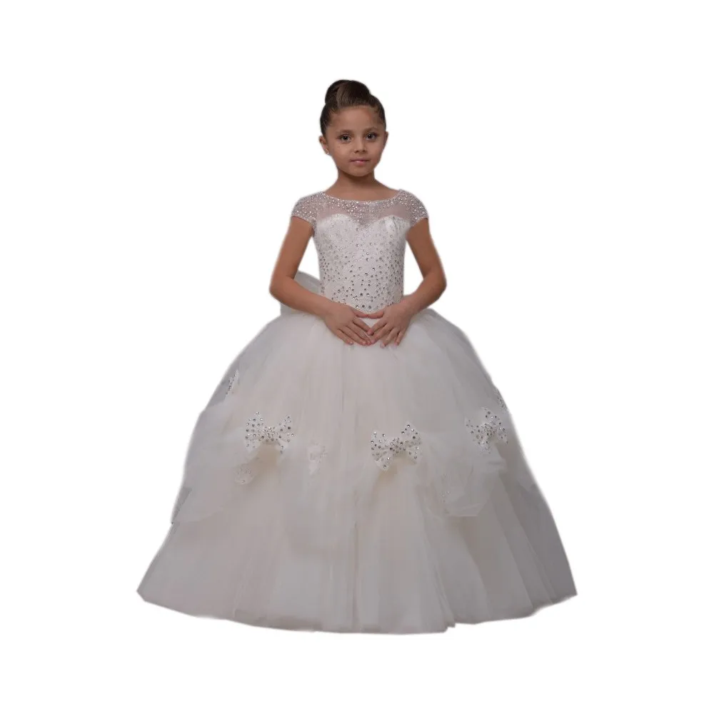 Бисером тюль с коротким рукавом девушки цветка платья выпускные причастие