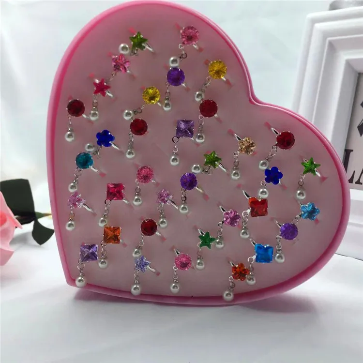 36 Pcs Children's Heart Boxed New Pearl Diamond Ring Big Gem Fashion Hot Sale Simulation Drill Beauty Fashion Pretend Toy