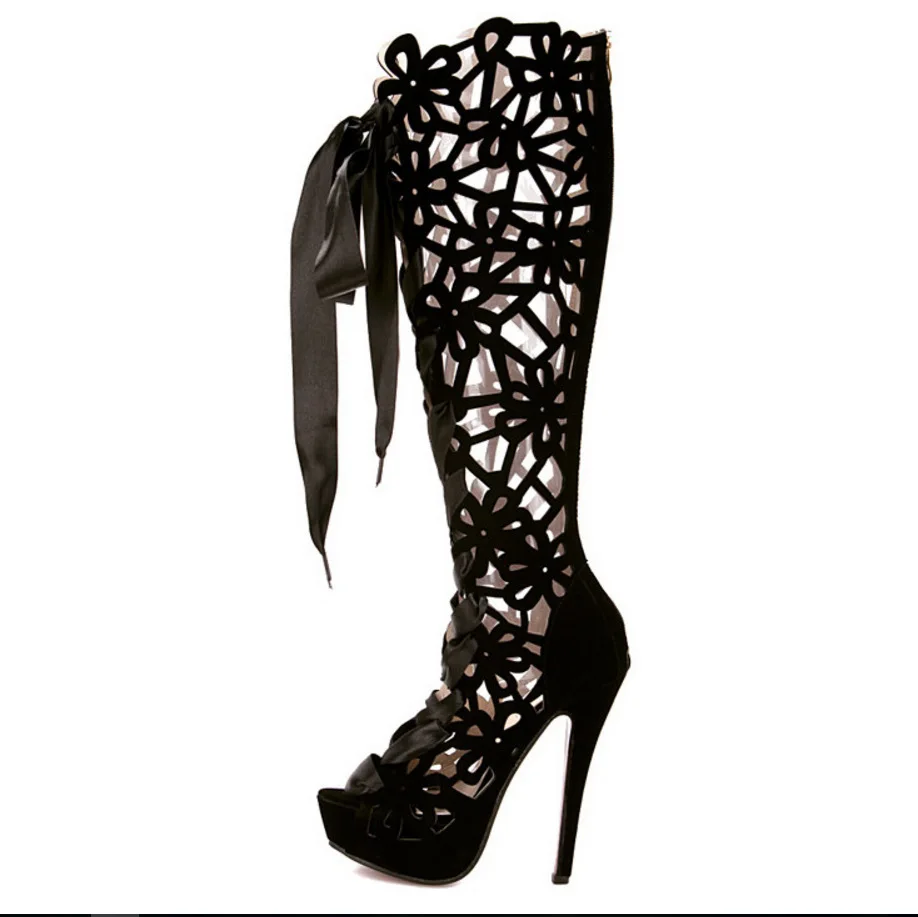 Luxury Fish mouth suede zipper ribbon waterproof breathable wearable large size pattern sexy nightclub shoe hole high heel boots | Обувь