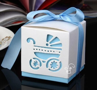 Акция! 50 шт. Baby Shower Детские коляски Hollow пользу Коробки конфет Свадебный объявление рождения коробка с лентой - Цвет: Небесно-голубой
