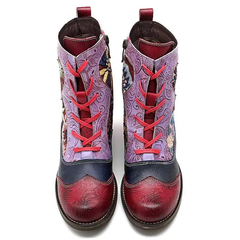 Socofy Fashion Vintage Cowgirl Boots Women Shoes Woman Genuine Leather Ankle Boots Chunky Block Heel Western Booties Bota