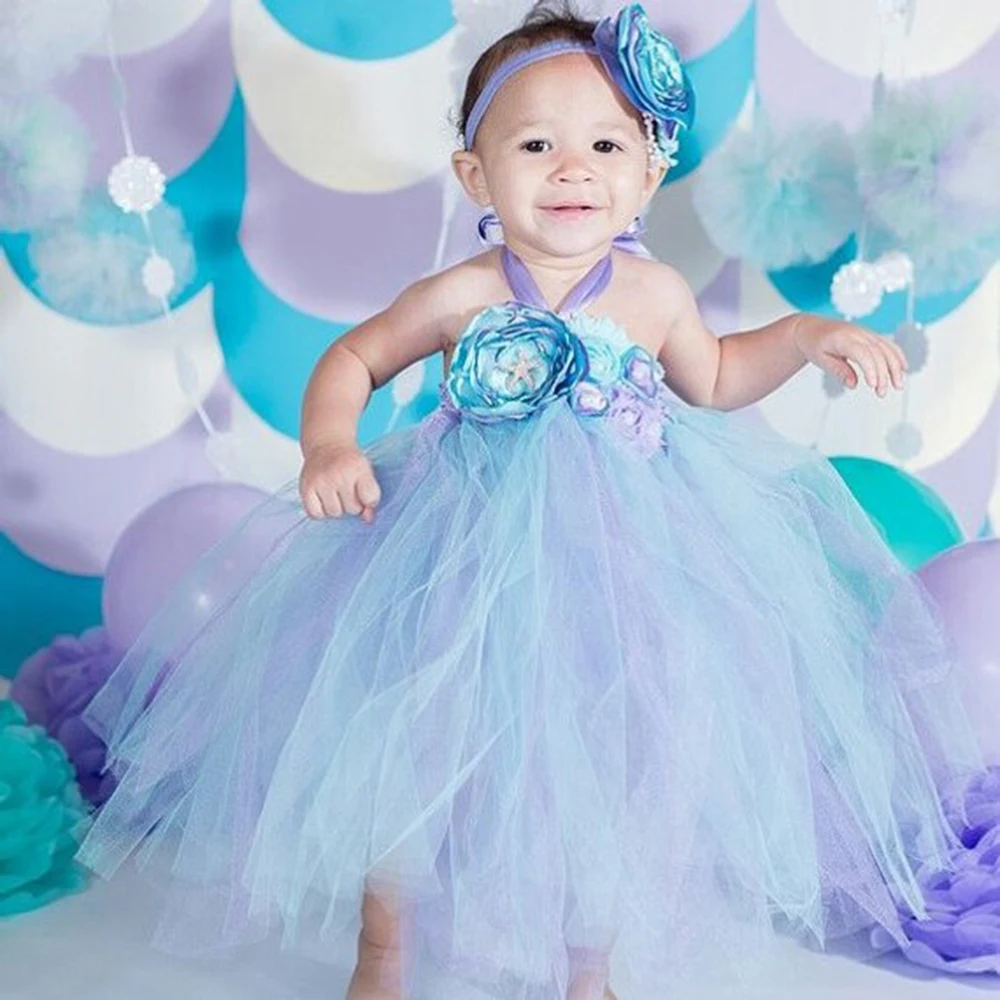 Aqua Voile Princess Ariel Flower Girl 1st Birthday Party Dress Alice in Children's Wonderland Costumes for Halloween Tutu | Детская