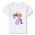 Футболка с забавным милым принтом Единорог для девочек на день рождения, с цифрой 1-9, для 1,2, 4,6, 8,10, 12 Age детская рубашка майки для девушек