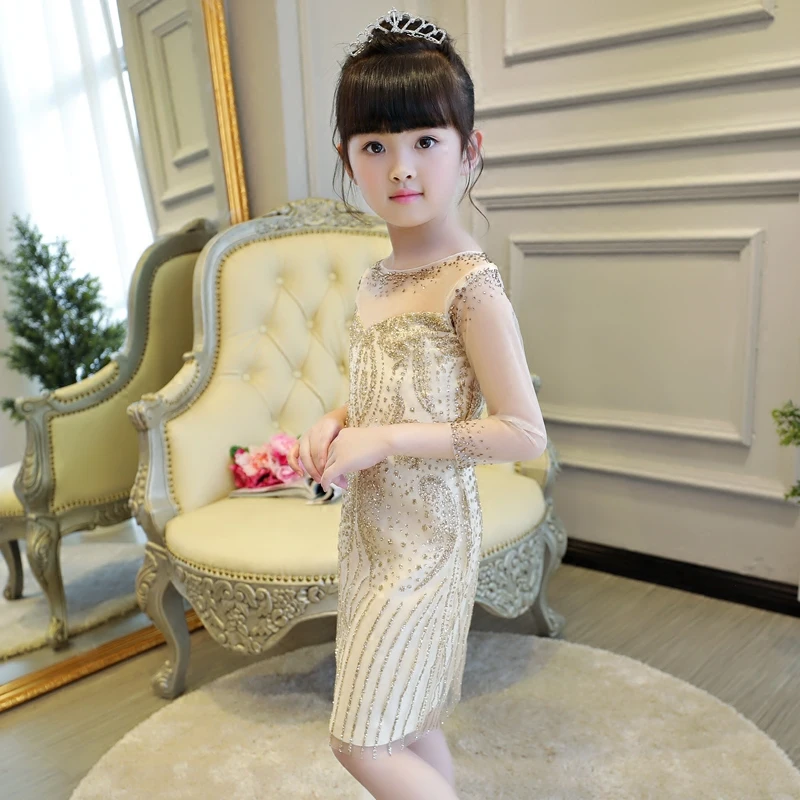 

Chinese Baby girl dresses princess costume kid pageant gowns gold party formal dress modern cheongsam qipao hollow out slim YY64