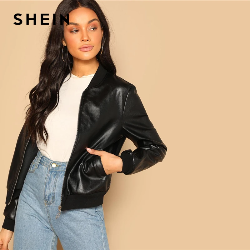 SHEIN Искусственный Кожаный Жакет-Бомбер На Молнии, Кожаная Куртка На Молнии, Куртка Из Эко Кожи