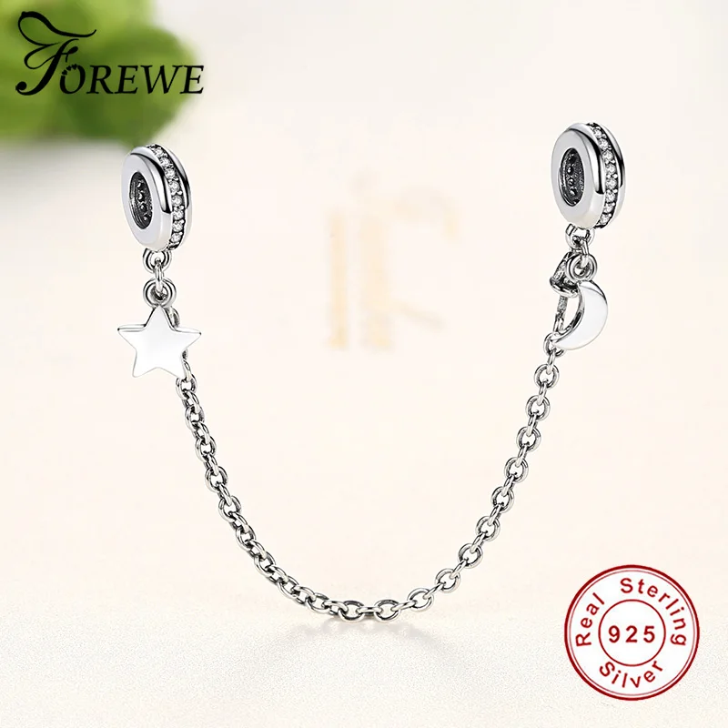 FOREWE Аутентичные стерлингового серебра 925 Stackable Луна Звезда Висячие цепи безопасности Шарм fit Шарм ювелирный браслет сделай сам