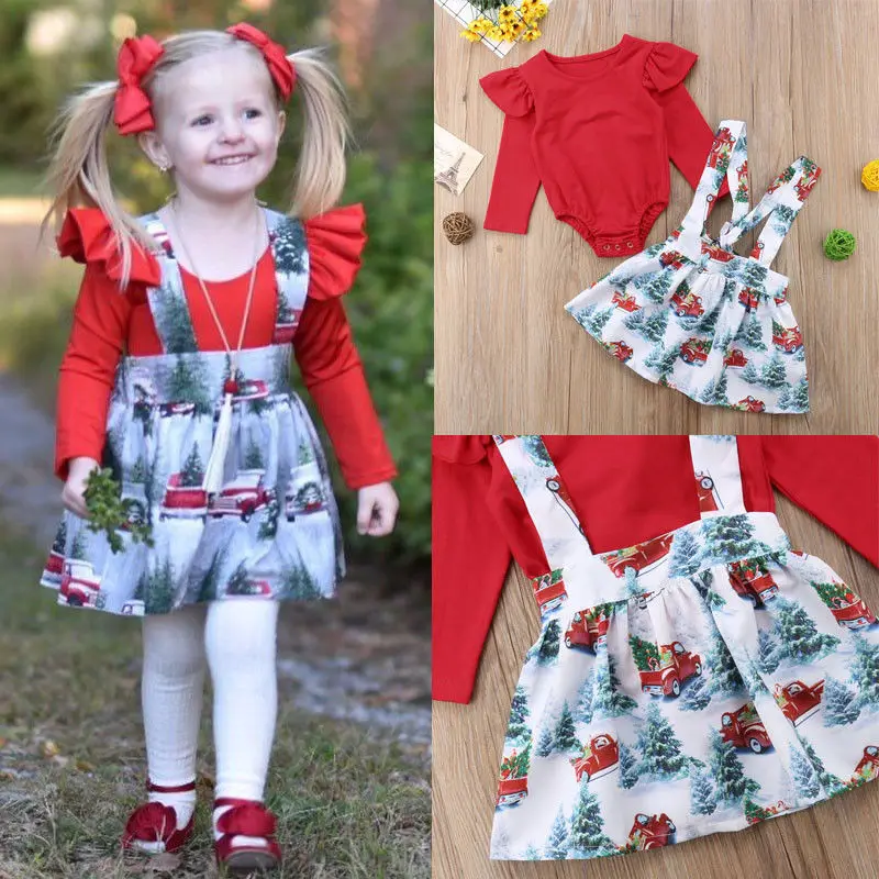 Christmas Newborn Clothes Sets Cartoon Car Tree Print Baby Girls Suits Bodysuits+Skirt 2pcs Toddler Outfit Costume | Детская одежда и