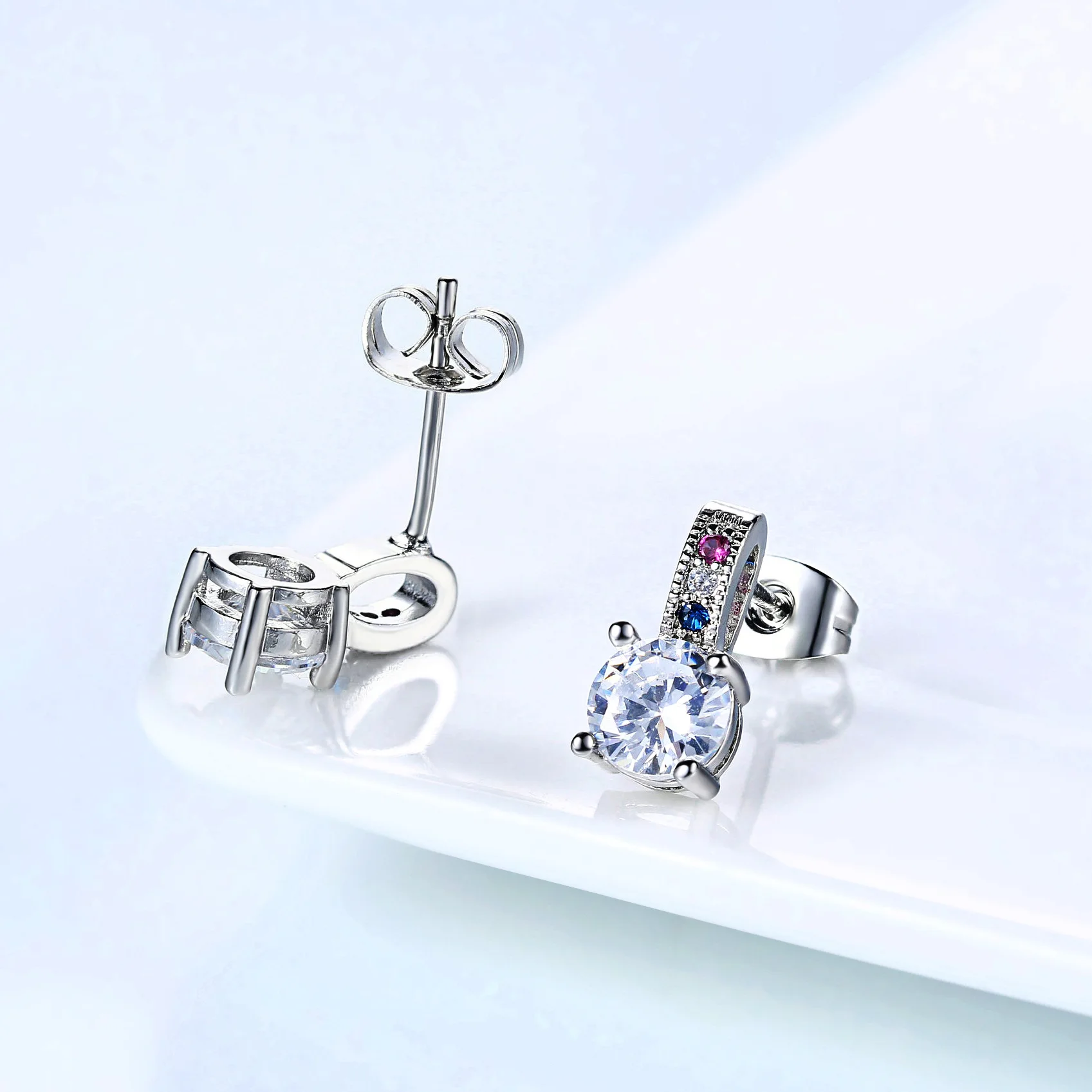 Hainon Cute Romantic Lovely Clear Stone Round Shape Simple Silver Color Stud Earrings Blue Purple Cubic Zirconia For Women Party | Украшения