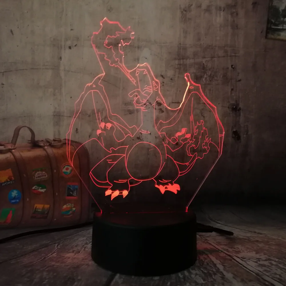 Крутой светодиодный 3D светильник с покемонами Charizard 7 цветов ночник Визуальный
