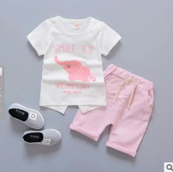 pink Комплект одежды для маленьких мальчиков; Одежда для младенцев с изображением слона; летняя одежда для новорожденных девочек; футболки с короткими рукавами; комплект из топа и штанов - Цвет: pink