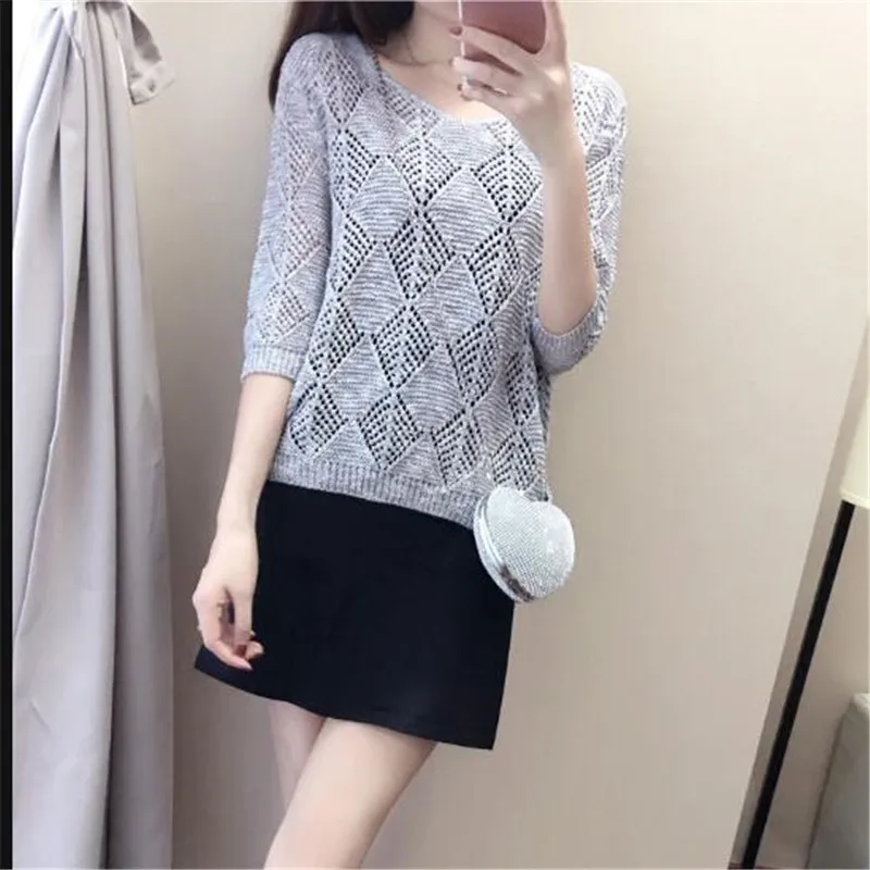 New Women Knit Sweater Round Collar Hollow Spring Summer Loose Slim Ladies Fashion Big Yards Short Pullover A0179 | Женская одежда