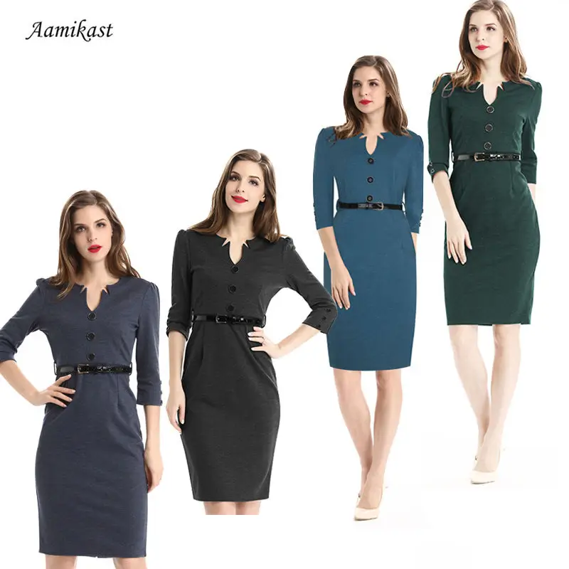 AAMIKAST, женские платья, модные, v-образный вырез, три четверти, с поясом, пряжка, кнопка, для работы, Бизнес Стиль, карандаш, облегающее, платья для вечеринок