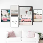 Настенная картина с изображением розового автобуса, неба, моря, кокосовой пальмы