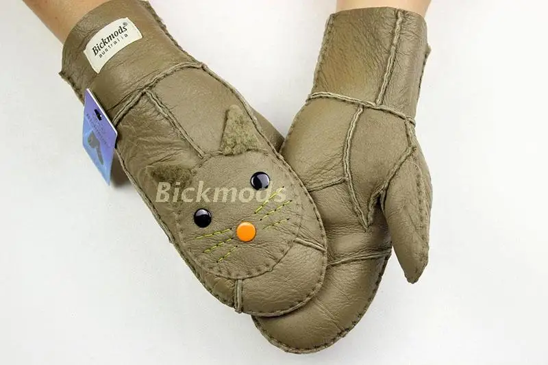 Khaki Овчина меховые перчатки женские толстые голова кота из мультфильма узор зима с теплой шерстяной подкладкой детей студентов кожаные перчатки - Цвет: Khaki