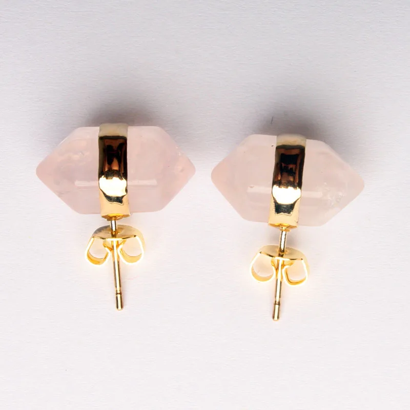 Rose Quartz Шарм 18X10 мм аметисты прозрачный кварц Лазурит розовый кварцевый кристалл опал бирюза граненые Биконусы серьги-гвоздики 1 пара - Окраска металла: Rose Quartz