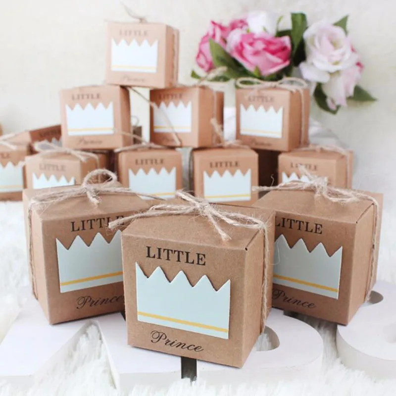 

50pcs Little Prince Princess Brown Kraft Paper Baby Shower Gift Box Birthday Party Decorations Kids Vintage Candy Box Packaging