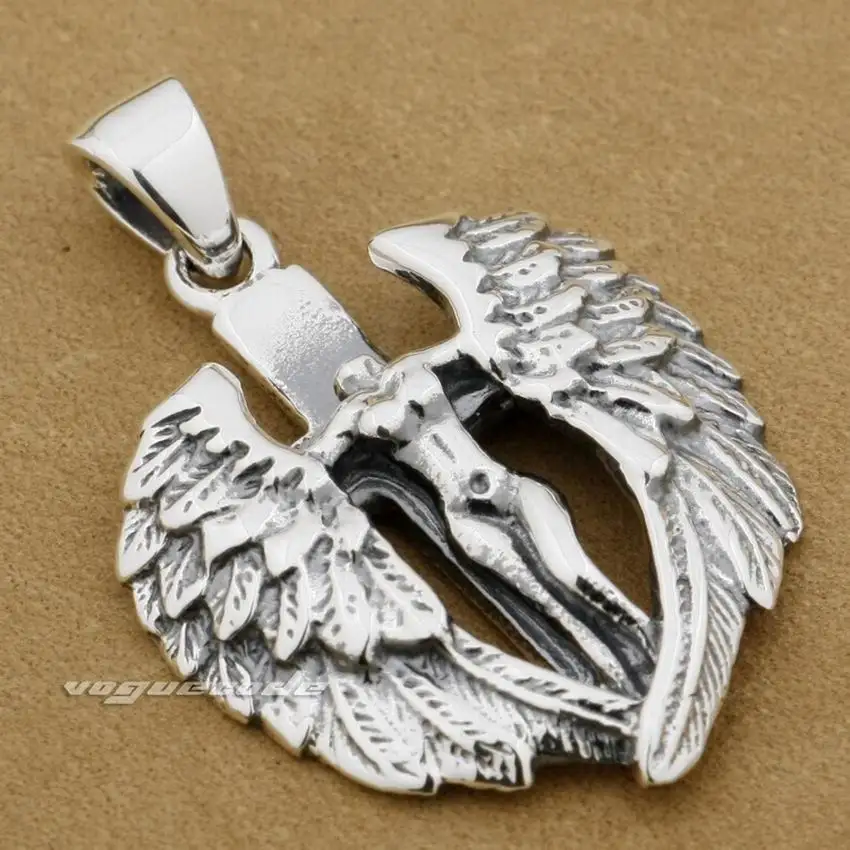 Just Pendant LINSION 925 пробы Серебряный голый крест с ангелами крылья мужские Байкер рок панк кулон 9F022 - Окраска металла: Just Pendant