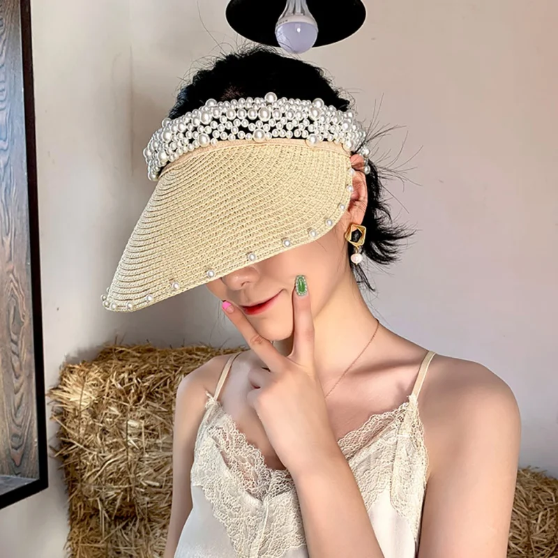 Summer Women Pearl Headband Hat Raffia Visor Caps For Girls Beach Hats Braided Fashion Cap Lady Summer Straw Sun Hat New
