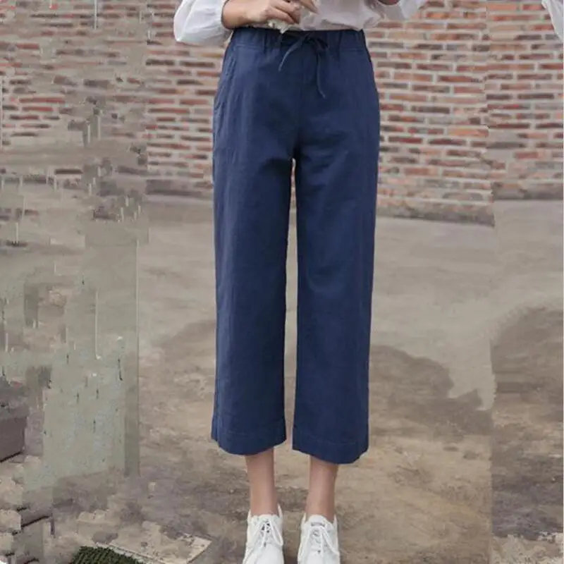 Брюки с широкими штанинами из хлопка и льна Свободные повседневные однотонные