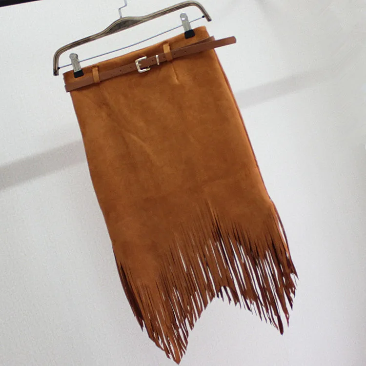 Зимняя женская юбка из искусственной кожи с бахромой сексуальная замшевая