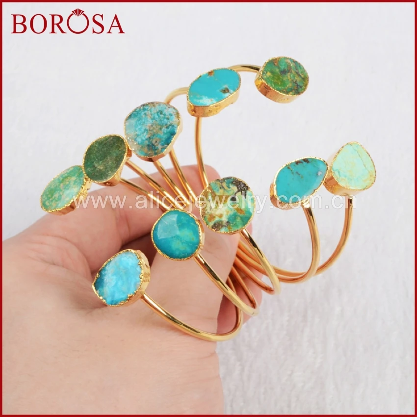 

BOROSA 1Piece Gold Color Handcuff Freeform Natural Blue Stone Natural Turquoises Adjustable Bangles for Women G0235 S0235