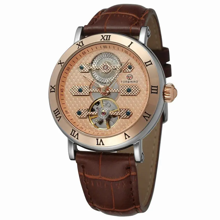 

Classic Fashion Tourbillon Genuine Leather Rose Gold Dial Roman Number Case Automatic Self Wind Mechanical Watch Men Watch New