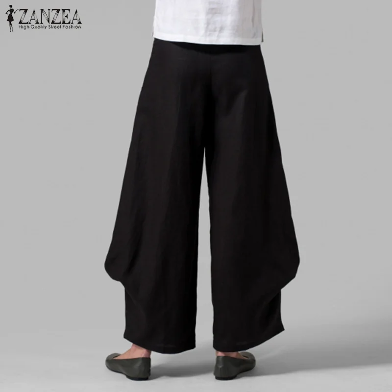 5XL, Ретро стиль, одноцветные, Репка, штаны для женщин, повседневные штаны, ZANZEA, эластичная талия, широкие брюки, женские, с оборками, для работы, Pantalon Palazzo