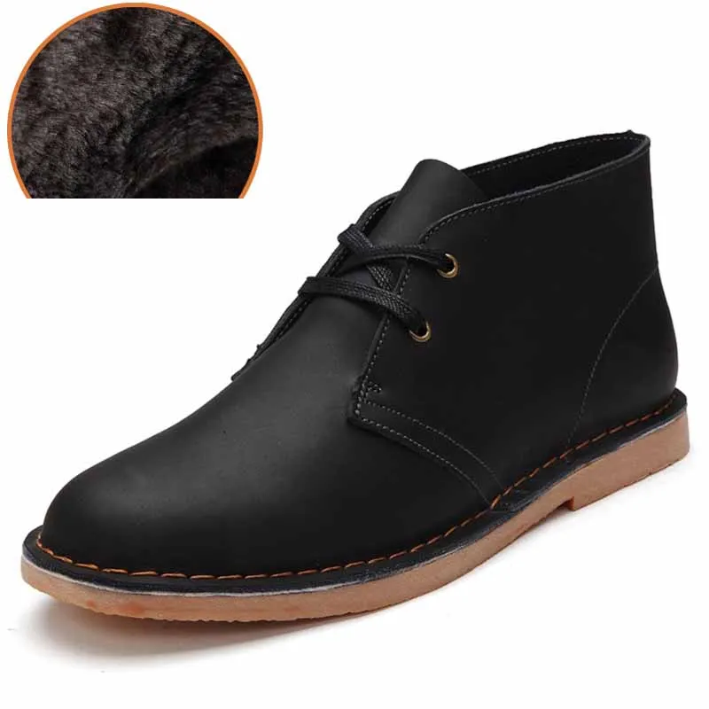 BLACK WITH FUR Ramialali/качественные мужские ботинки из натуральной кожи; короткие сапоги для мотоцикла на шнуровке; зимняя обувь из натуральной кожи; Мужская плюшевая обувь на меху - Цвет: BLACK WITH FUR