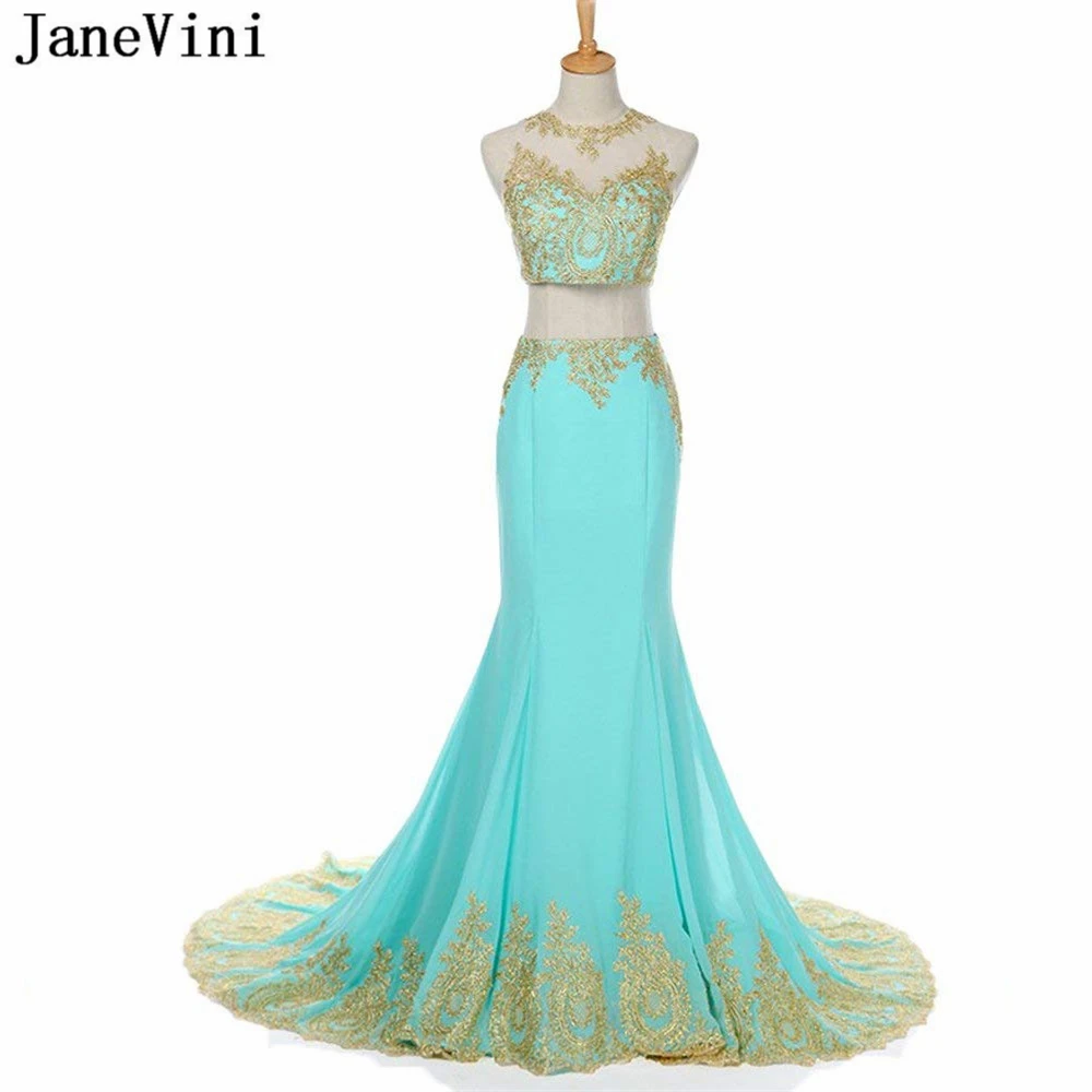 

JaneVini 2019 Charming Long Two Pieces Prom Dresses O Neck Gold Lace Appliques Illusion Back Mermaid Chiffon Formal Party Gowns