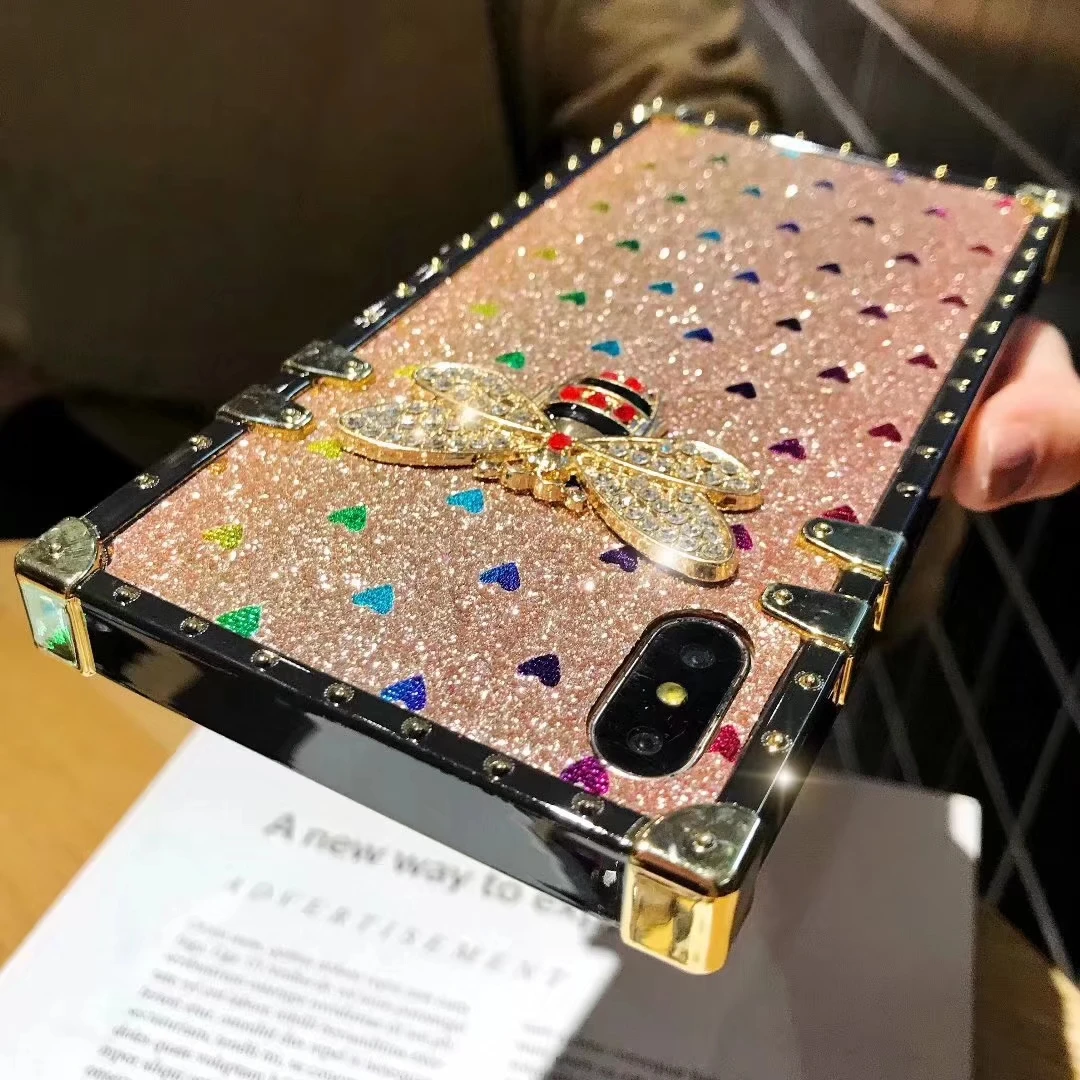 Роскошный чехол для телефона с Пчелой для iPhone 11 Pro X XR XS Max 8 7 Plus, квадратная Лазерная крышка с сердцем для samsung Galaxy S9 S10 Plus Note 10 Pro