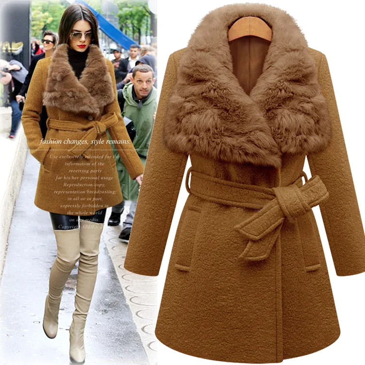2016 Новая Зимняя Большой Кролик Шерстяное Пальто Воротник С Длинными Талии Xl мода