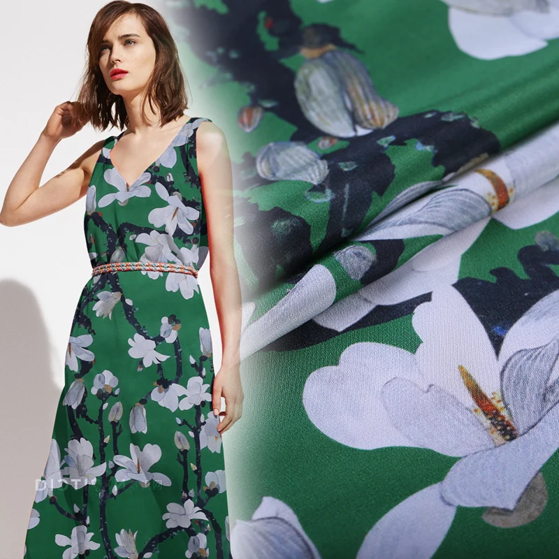 

Magnolia digital printing silk crepe de chine fabric14 mm micro-transparent silk cloth clothing shirt natural silk fabric
