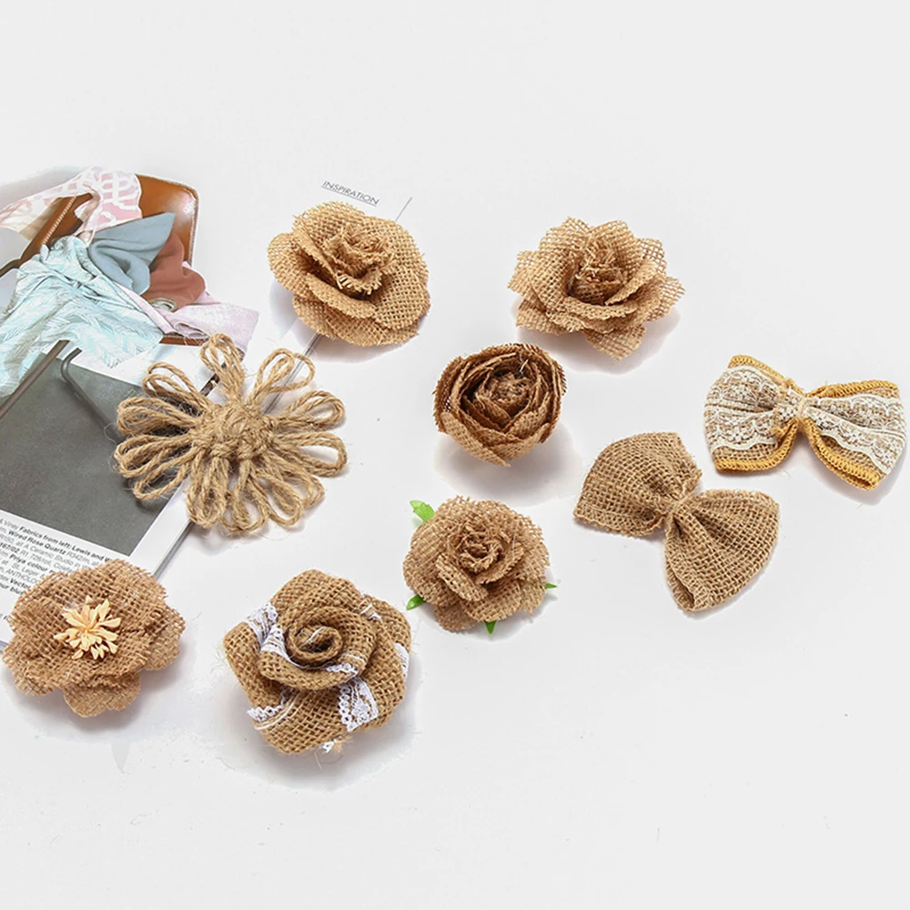Wedding Party Decoration Craft Delicate Vintage Hessian Jute Hat Rose Beauty Flower 9 pcs Burlap DIY |